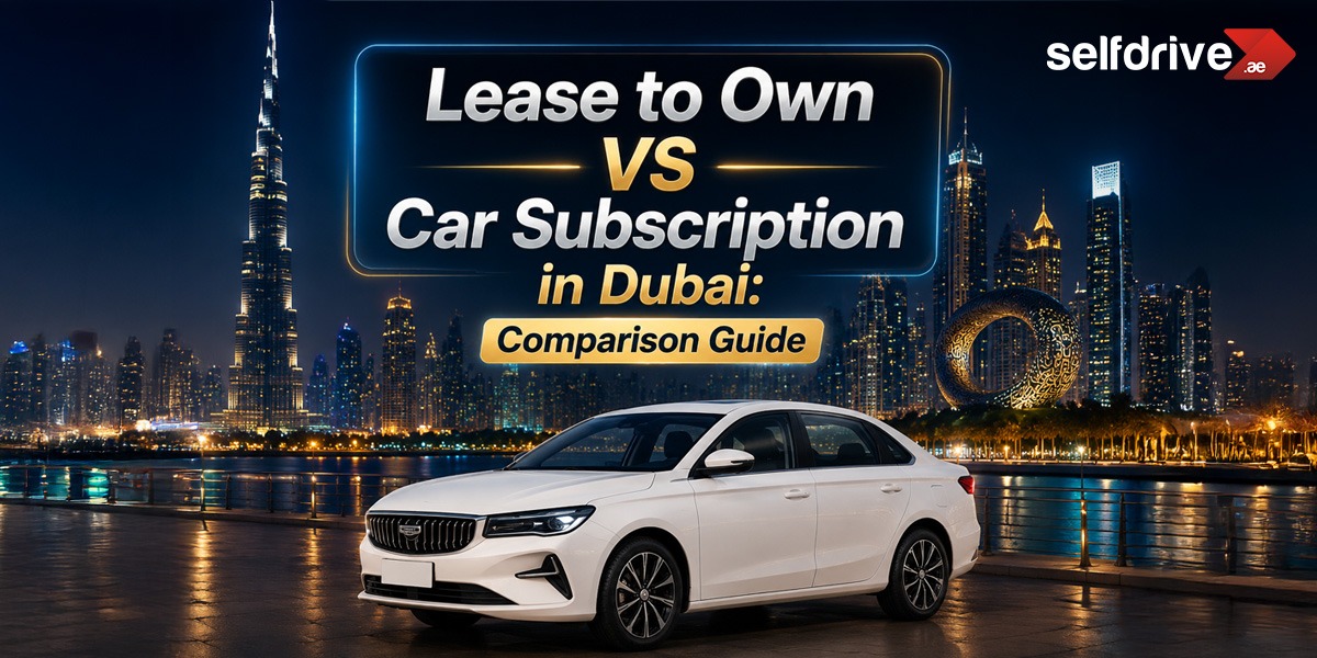 White sedan parked with Dubai skyline at night, including the Burj Khalifa. Text reads "Lease to Own VS Car Subscription in Dubai: Comparison Guide."